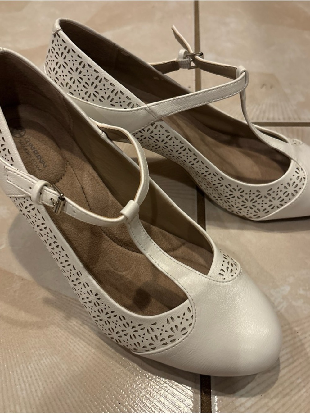 Women's Giani Bernini Cream T-Strap Laser-Cut Pumps, Size 9
